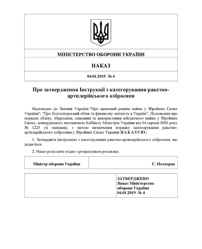 Order No. 4. On the approval of the Instructions for the categorization of missile and artillery weapons | PrintTo:
