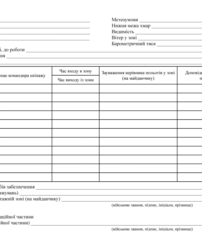 Logbook of the flight controller in the aerobatic zone (flight controller at the target site (landing site), landing controller at the landing site) | PrintTo: