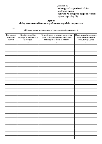 Record sheet for military personnel performing parachute jumps | PrintTo: Record sheet for military personnel performing parachute jumps на Printto.ua