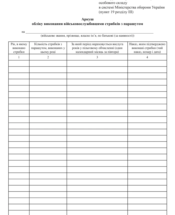 Record sheet for military personnel performing parachute jumps | PrintTo: