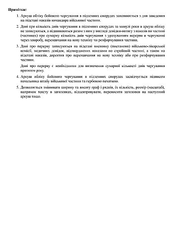 Record sheet for combat duty in underground structures | PrintTo: Лист учета несения боевого дежурства в подземных сооружениях на Printto.ua