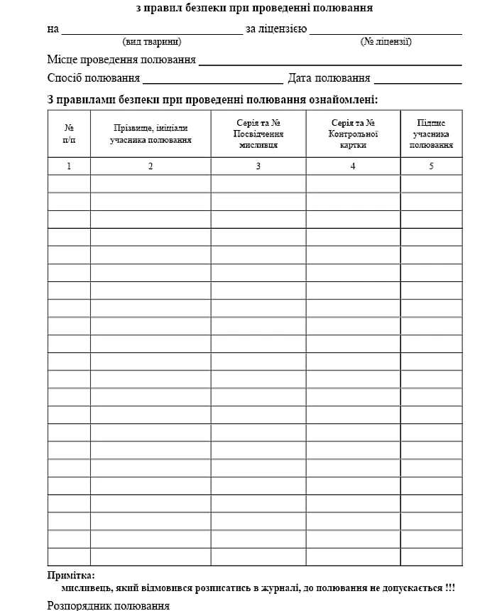 Logbook of safety briefing during hunting | PrintTo: