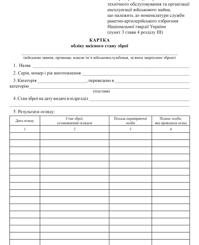 Weapon quality condition record card | PrintTo: Weapon quality condition record card | PrintTo: