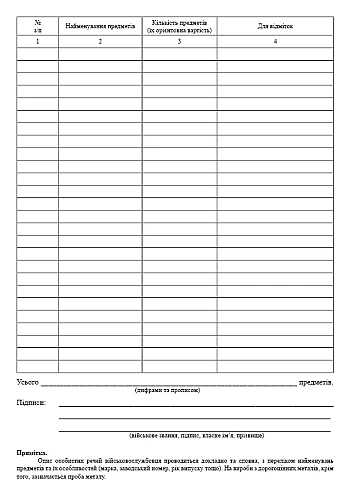Certificate of availability of personal and valuables, money, personal documents of a deceased (deceased) serviceman | PrintTo: Акт наявності особистих та цінних речей, грошей, особистих документів померлого (загиблого) військовослужбовця на Printto.ua