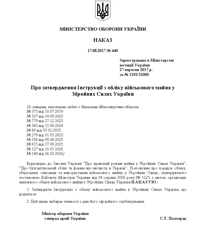 Order 440 + Appendices. On the approval of the Instructions for accounting for military property in the Armed Forces of Ukraine | PrintTo: Order 440 + Appendices. On the approval of the Instructions for accounting for military property in the Armed Forces of Ukraine | PrintTo: