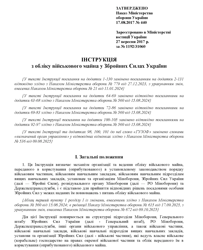 Order 440 + Appendices. On the approval of the Instructions for accounting for military property in the Armed Forces of Ukraine | PrintTo: Order 440 + Appendices. On the approval of the Instructions for accounting for military property in the Armed Forces of Ukraine | PrintTo: