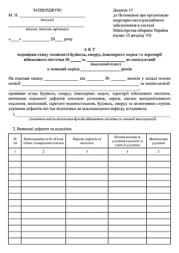 Акт проверки готовности зданий, сооружений, инженерных сетей и территории военного городка к эксплуатации в зимний период на Printto.ua