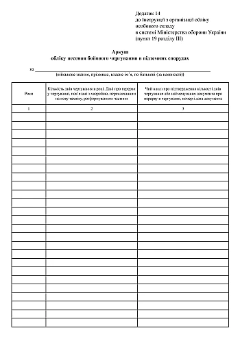 Лист учета несения боевого дежурства в подземных сооружениях на Printto.ua