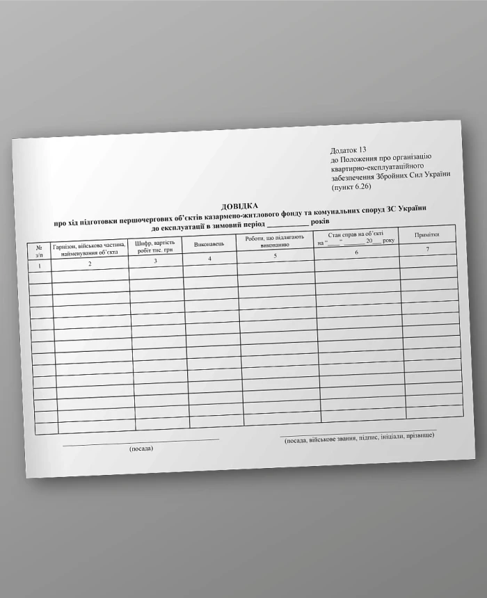 Certificate on the progress of preparation of priority facilities of the barracks and housing fund and communal facilities of the Armed Forces of Ukraine for operation in the winter period | PrintTo: