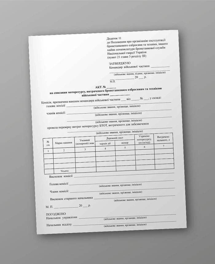 Act on the write-off of engine resources spent on armored weapons and equipment of a military unit | PrintTo: Act on the write-off of engine resources spent on armored weapons and equipment of a military unit | PrintTo: