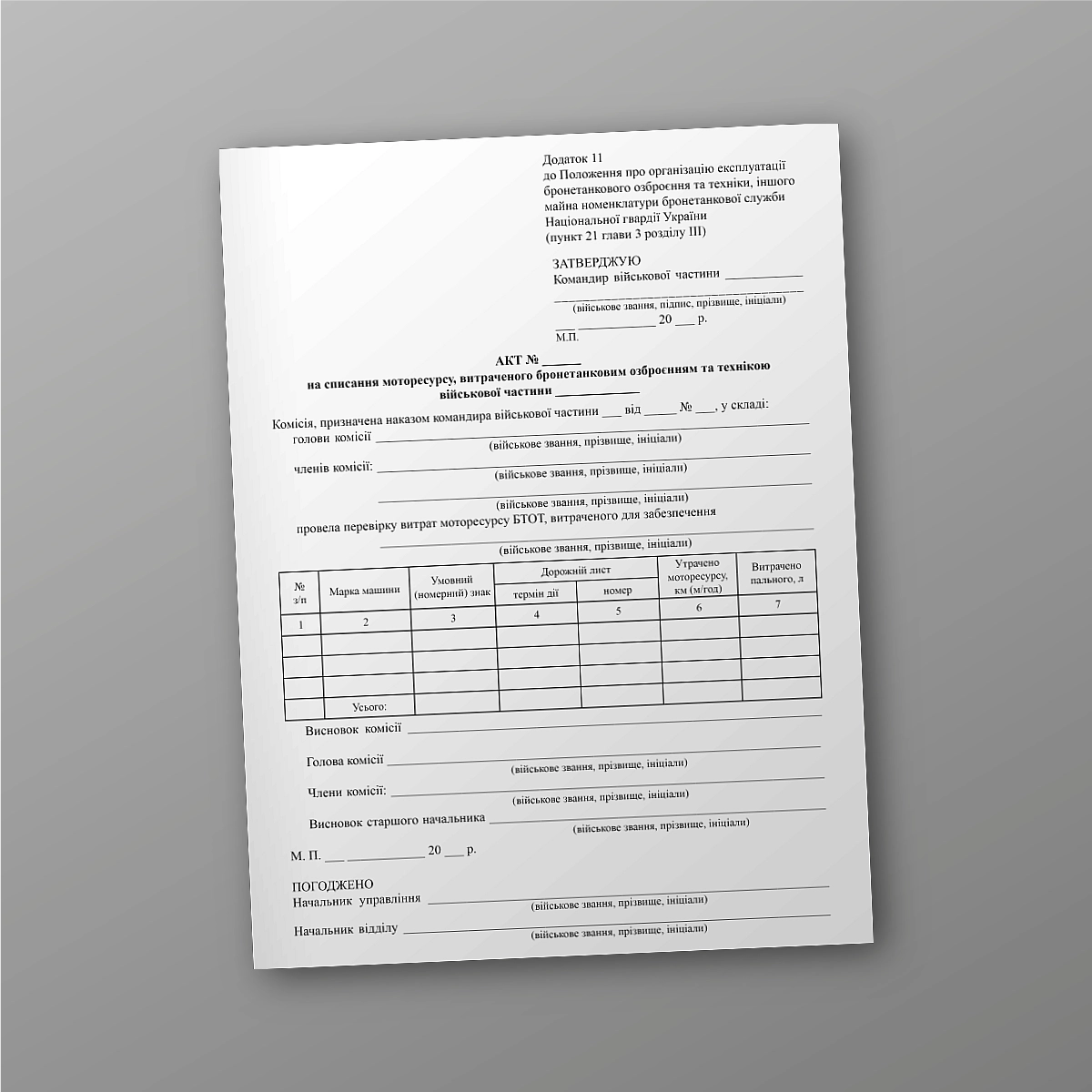 Act on the write-off of engine resources spent on armored weapons and equipment of a military unit | PrintTo: